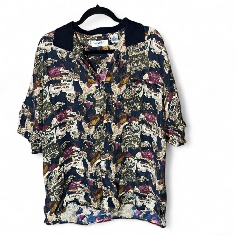 Vintage Summa Silk Hotel Carlton Print Button Up Shirt Mens Large Art Deco 80s 9